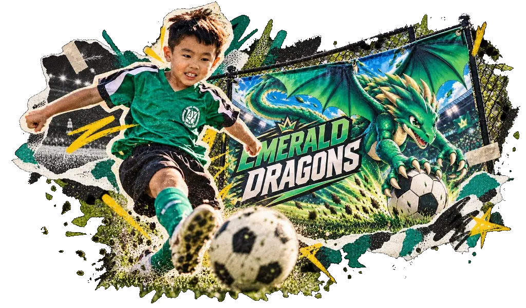 A young soccer player kicking a ball in front of an Emerald Dragons banner.